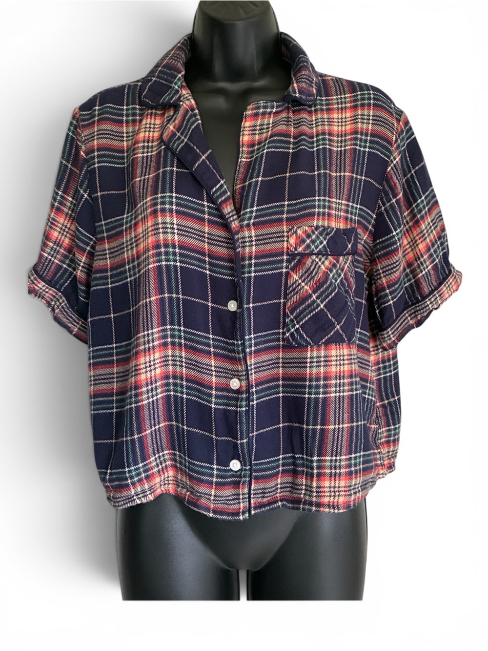 aerie Slouchy Navy Plaid Cozy Girl Indie Sleaze Grunge Boxy Soft PJ Flannel Sz M